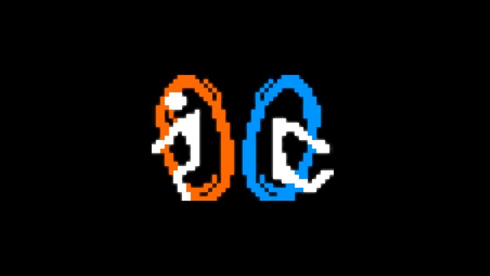 Pixel art of Portal 2 portals with figures