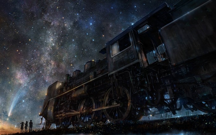 Train under a starry night sky with a comet