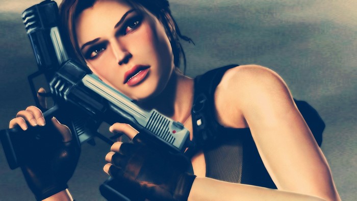 Lara Croft from Tomb Raider holding a pistol