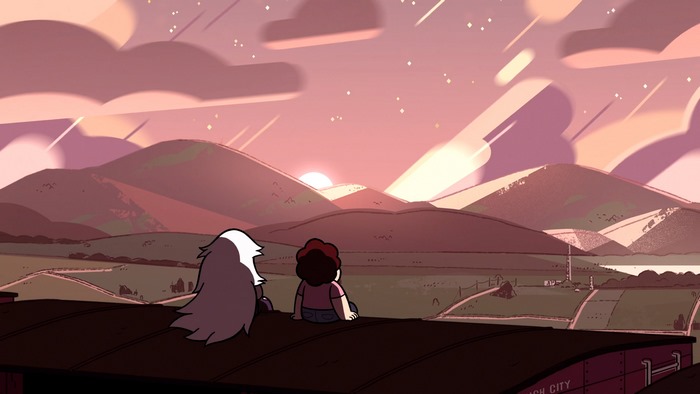 Steven Universe and Jasper watch sunset over mountains