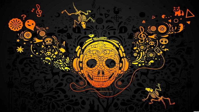 Skull with headphones and music notes