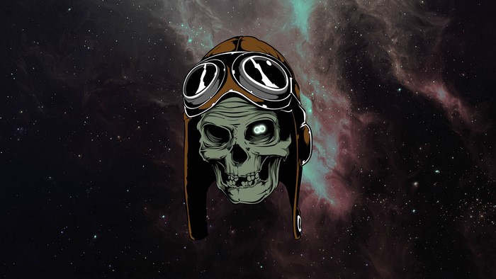 Skull wearing aviator helmet in space