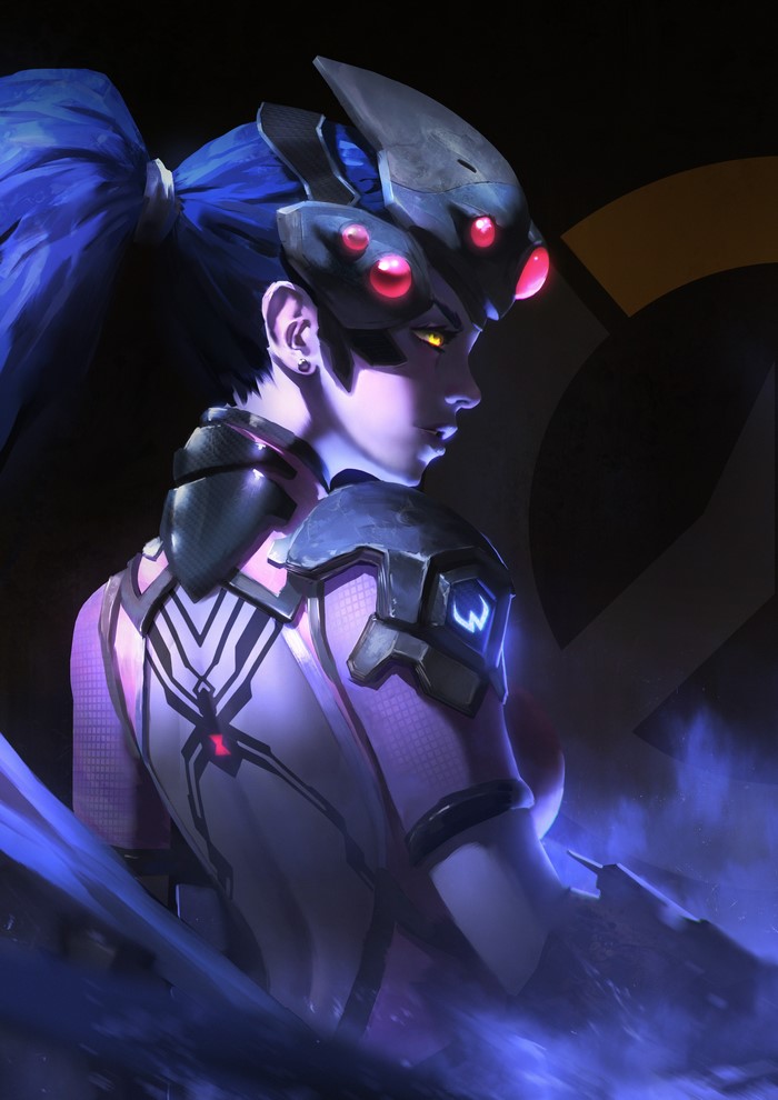 Widowmaker from Overwatch with blue hair and yellow eyes