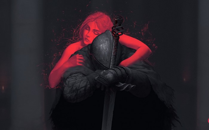 Woman embracing knight with sword, Dark Souls II artwork