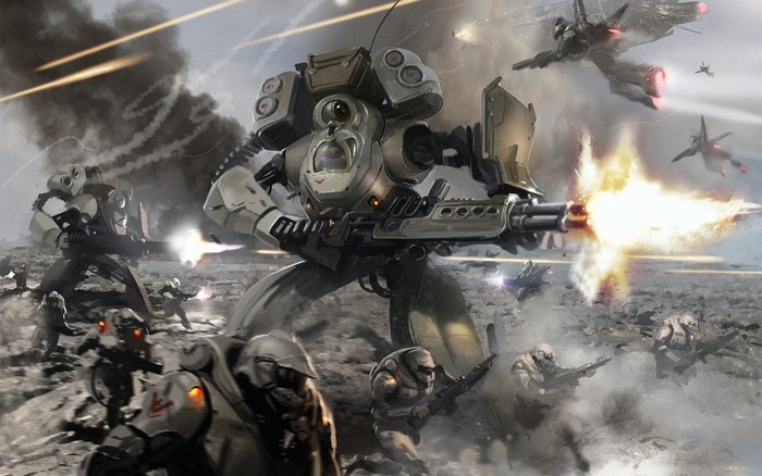 Futuristic soldiers and mechs in a warzone