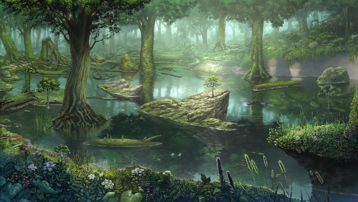 Serene Fantasy Forest with Reflective Water