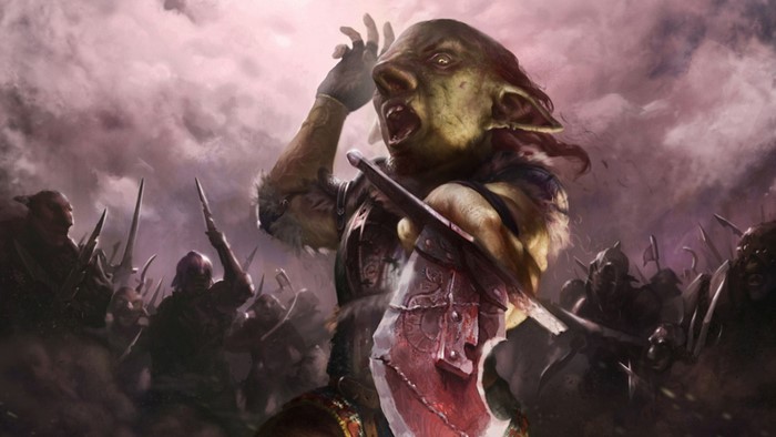 Goblin warrior leading an army into battle