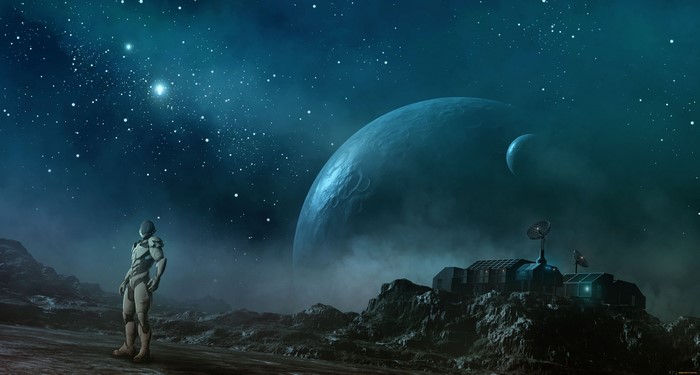 Astronaut on alien planet with large planet in sky