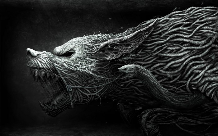 Horror wolf made of roots