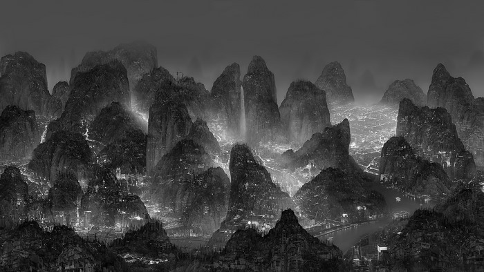 Monochrome digital art of mountains with city lights and a river