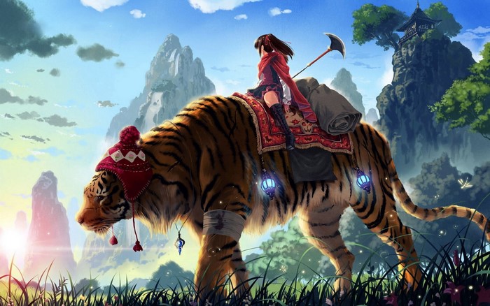 Girl riding a tiger with a weapon