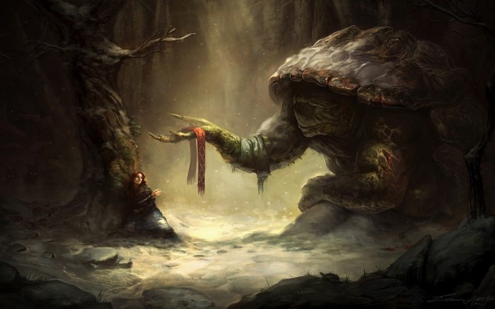 Giant turtle offers scarf to girl in forest