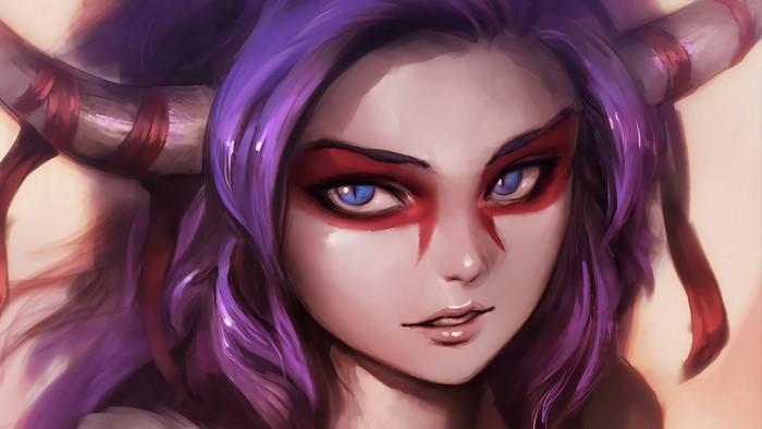 Fantasy art of a demon with purple hair and horns