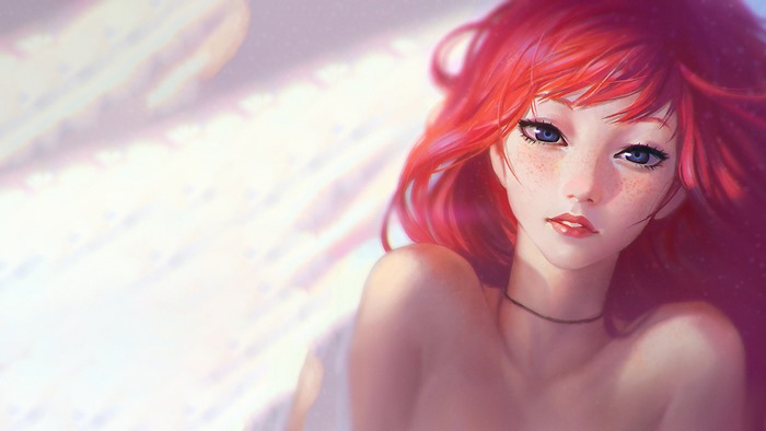Drawing of a redhead woman with blue eyes