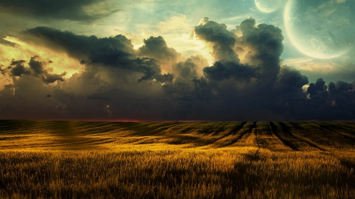 Fantasy landscape with stormy clouds and alien planets