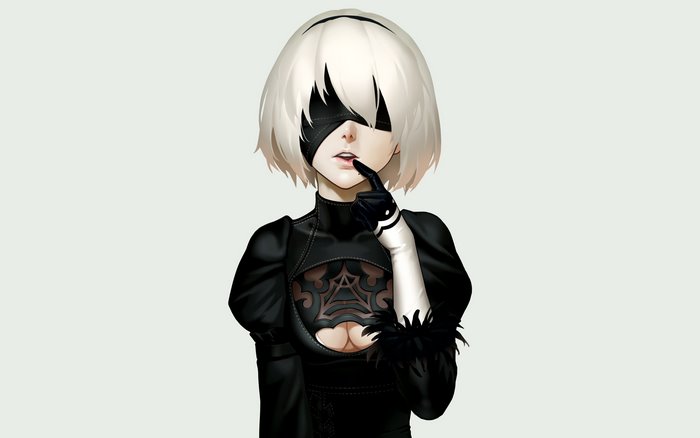 2B from Nier: Automata with white hair and gloves