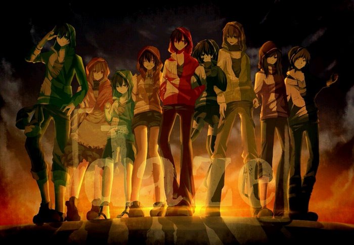 Mekakucity Actors characters in front of a fiery background