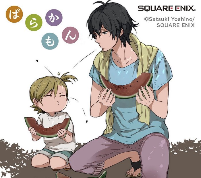 Barakamon: Handa Seishuu and Kotoishi Naru eating watermelon