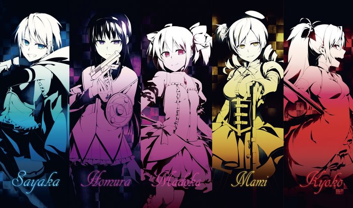 Mahou Shoujo Madoka Magica characters Sayaka, Homura, Madoka, Mami, and Kyoko