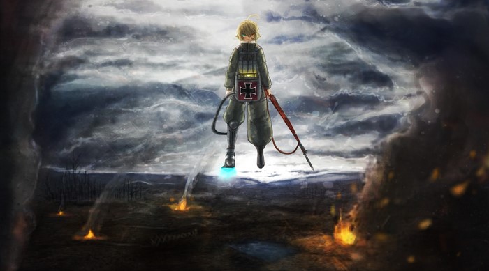 Tanya Degurechaff from Youjo Senki in a war-torn landscape