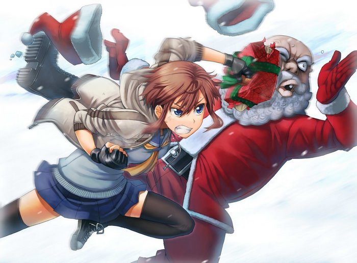 Anime girl fighting Santa Claus in the snow