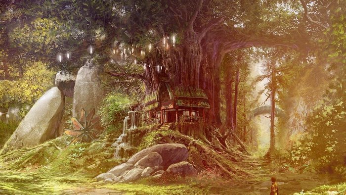 Fantasy forest with a treehouse and a person