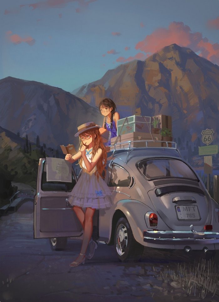 Anime girls on a road trip with a Volkswagen Beetle