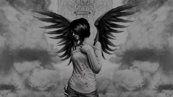 Angel with black wings and bloodstains