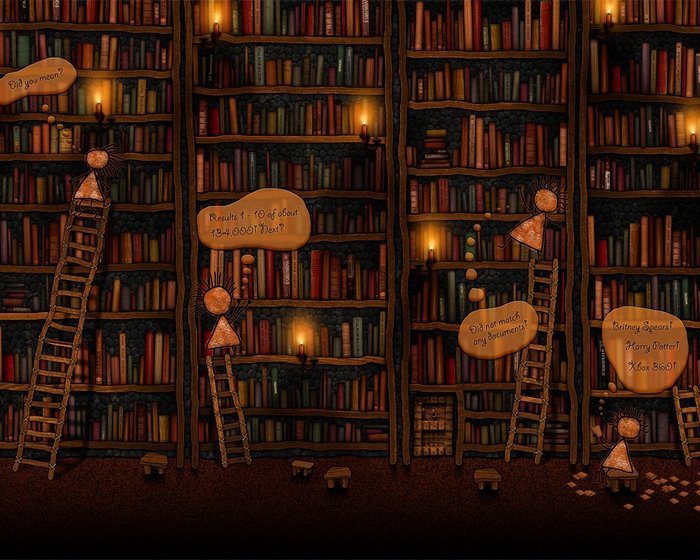 Library with stick figures and search results