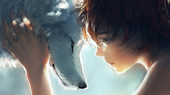 Girl petting a white wolf