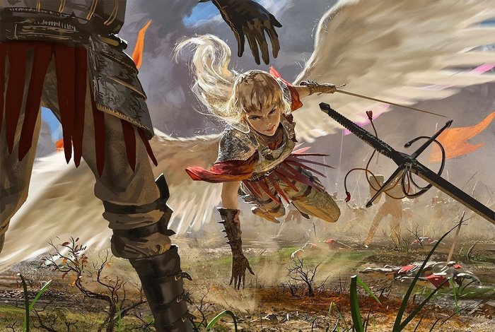 Angel warrior in battle with swords and arrows