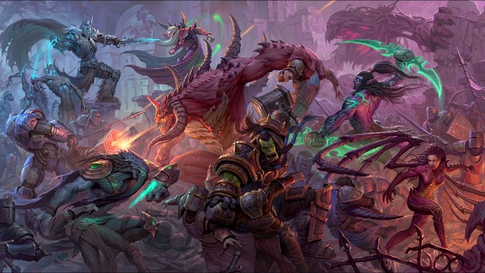 Heroes of the Storm battle with Thrall, Lich King, Kael'thas, Illidan, Zeratul, Kerrigan, and Tyrael