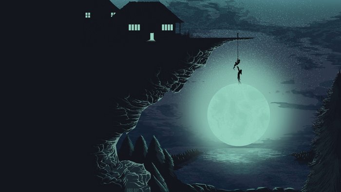 Two figures reaching for each other on a cliff by the moon