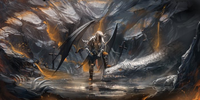 Dracula with wings and a dragon in a cave