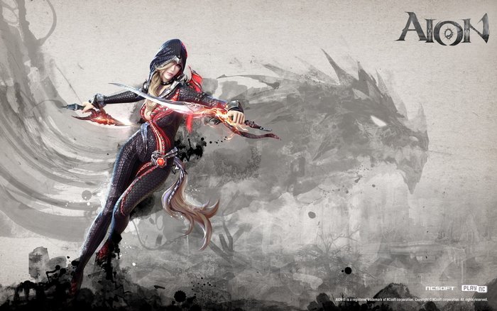 Aion Online: Female Assassin with Dragon Background