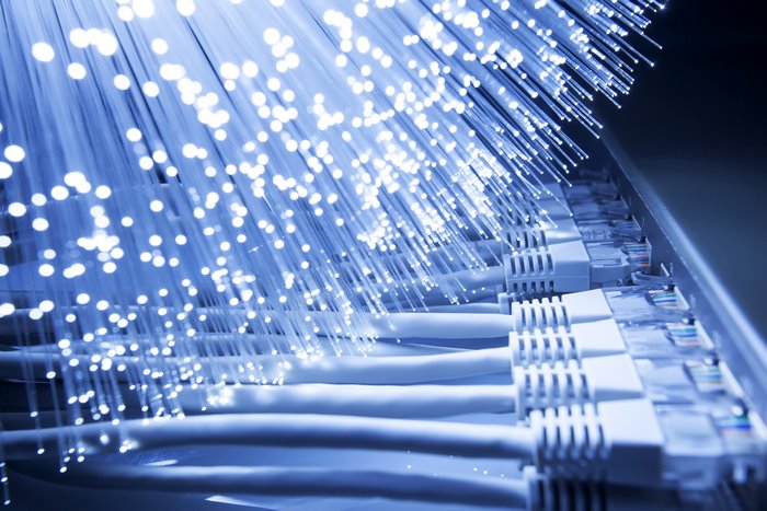 Fiber optic cables connected to network switch
