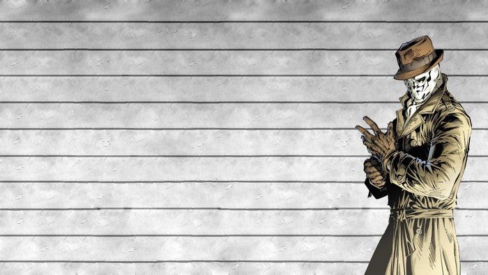 Rorschach from Watchmen standing against a wall