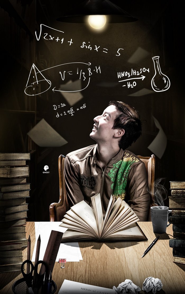 Man studying with math and science equations