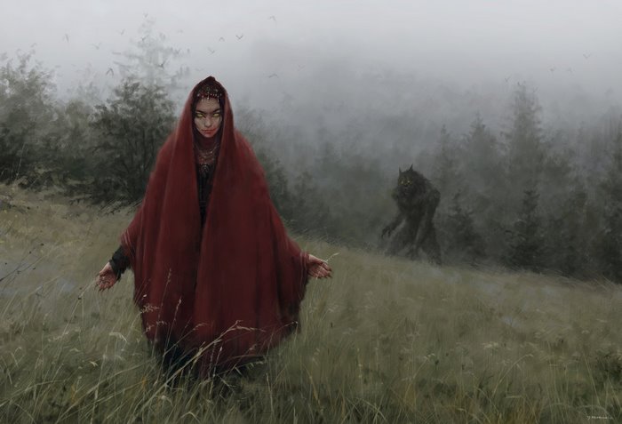 Woman in red cloak and werewolf in misty forest