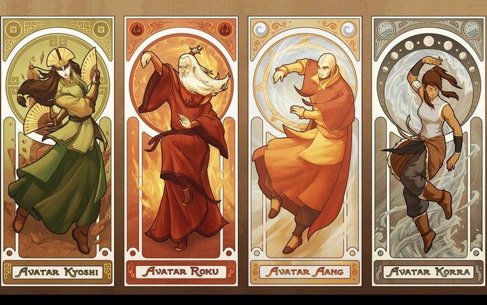 Avatar Kyoshi, Roku, Aang, and Korra