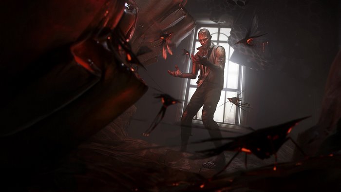 Corvo Attano from Dishonored 2 surrounded by Bloodflies