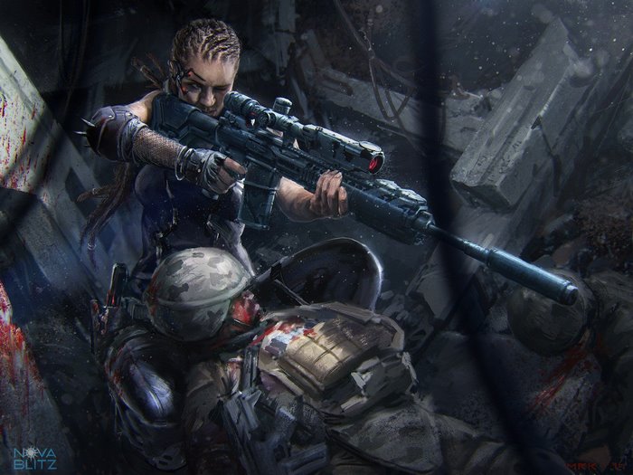 Female sniper aiming a futuristic rifle over a fallen soldier