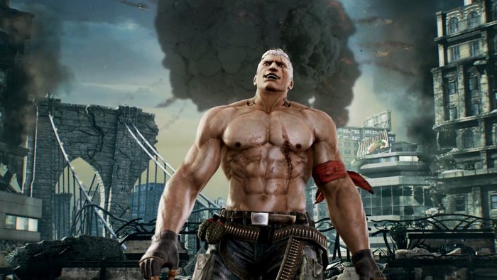 Bryan Fury from Tekken 7 in a destroyed city