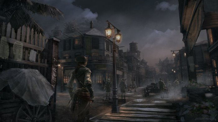 Steampunk street scene with people and gas lamps