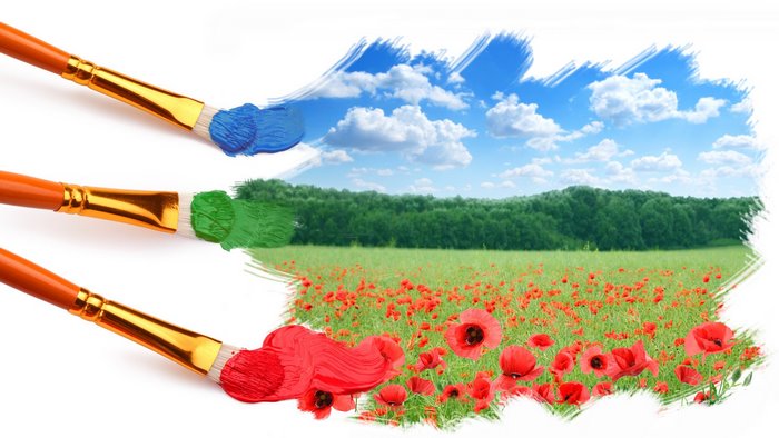 Paintbrushes painting a landscape with poppies