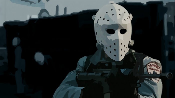 Man in hockey mask with gun, from Heat