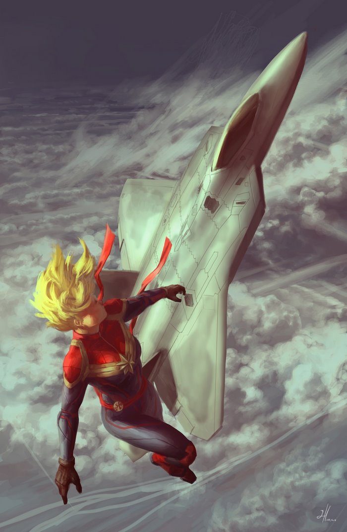 Captain Marvel and a fighter jet in the clouds
