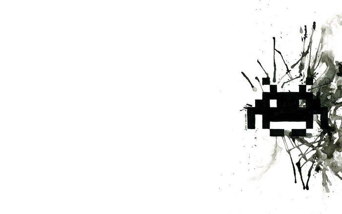 Space Invader pixel art with ink splatters
