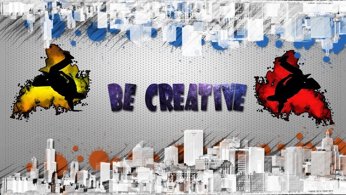 Be Creative text with breakdancers and city skyline