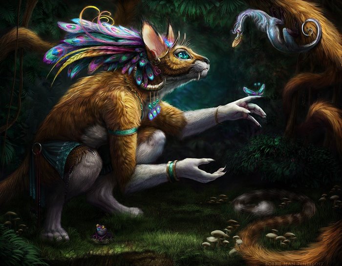 Tribal anthro creature with peacock feathers and butterfly